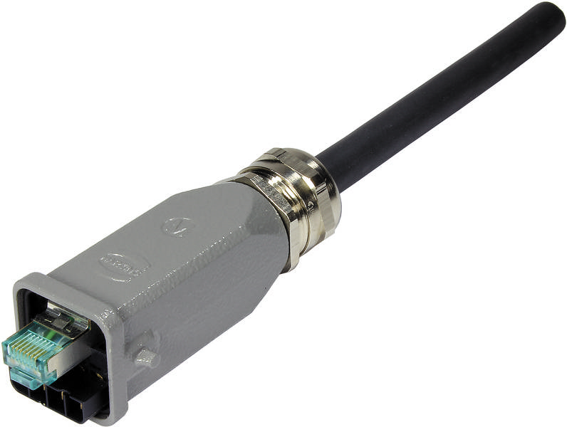 Industriesteckverbinder mit grauem Gehäuse und schwarzem Kabel, geeignet für robuste Ethernet-Verbindungen in industriellen Umgebungen.