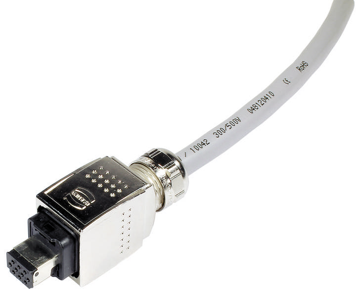 'Rundsteckverbinder mit Kabel', Steckverbinder ist metallisch und gut abgeschirmt, einseitig öffnen. Auf dem Kabel stehen Spezifikationsdaten.