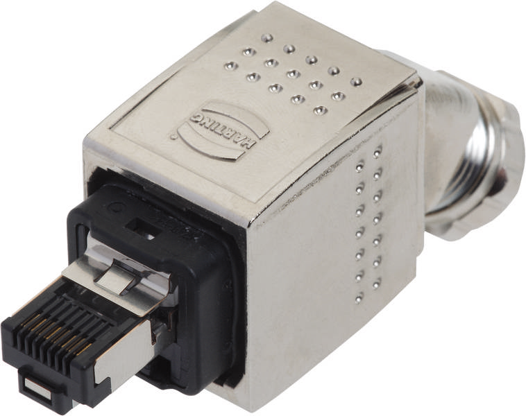 Steckverbinder mit Metallgehäuse und einem RJ45-Anschluss.