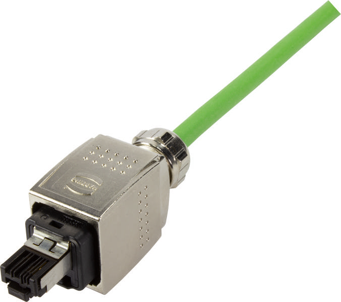 Ein grünes Ethernet-Kabel mit Metallsteckverbinder für industrielle Netzwerke.
