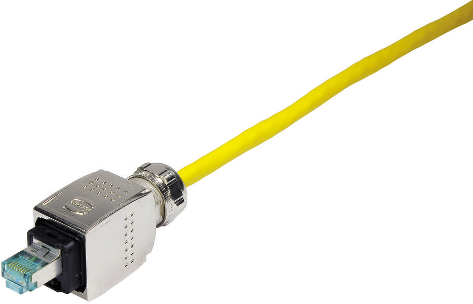 Gelbes Ethernet-Kabel mit Metallstecker, geeignet für Netzwerke und Internetverbindungen.