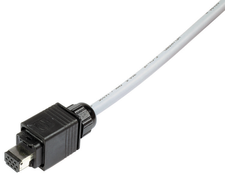 Ein weißes Kabel mit einem rechteckigen, schwarzen Steckerende. Der Stecker hat mehrere Pins und wird vermutlich für digitale Verbindungen verwendet.