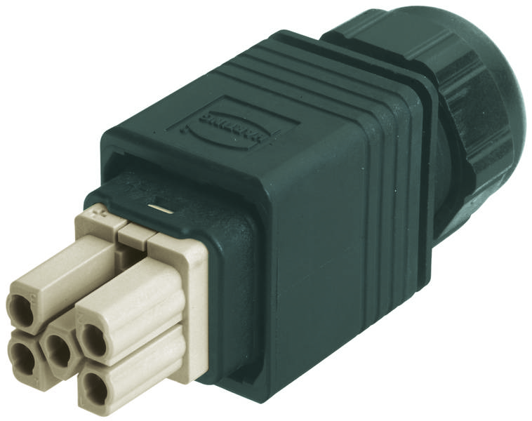 Ein schwarzer elektrischer Stecker mit mehreren hellgrauen Steckplätzen, wahrscheinlich für industrielle Anwendungen.