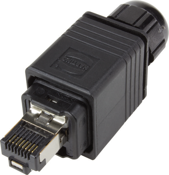 Ein schwarzer Netzwerkstecker mit robustem Gehäuse und metallischen Kontakten. Geeignet für robuste industrielle Anwendungen.