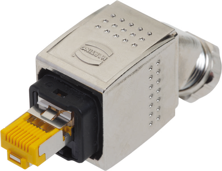 Ein metallischer, abgewinkelter RJ45-Stecker mit einer gelben Buchse und schwarzem Anschluss, möglicherweise für Netzwerkkabel.