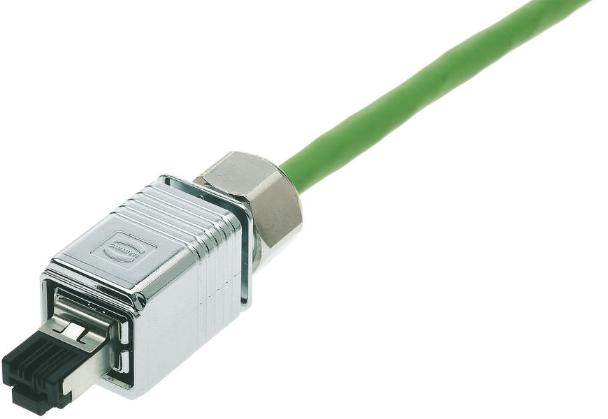 Grünes Ethernet-Kabel mit Metallstecker, geeignet für industrielle Netzwerke.