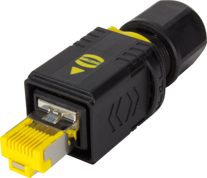 Gelbes und schwarzes Steckverbindermodul mit rechteckigem Gehäuse und RJ45-Stecker, geeignet für industrielle Netzwerkanwendungen.