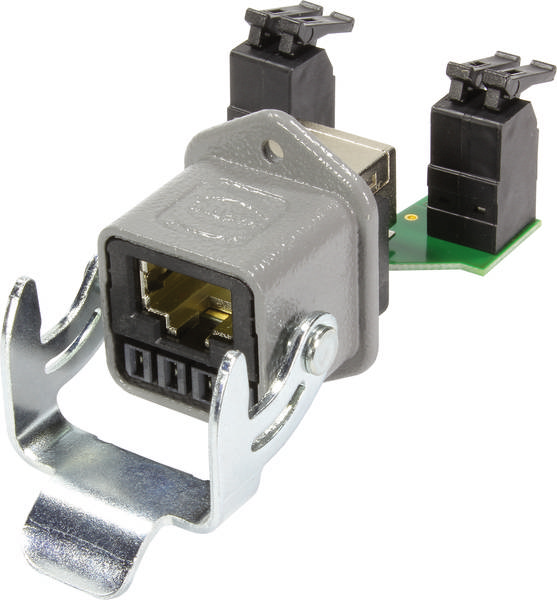 Ein grauer USB-Buchsenstecker auf einer Platine mit Befestigungsbügel aus Metall. Der Stecker hat zwei schwarze Kunststoffklemmen.