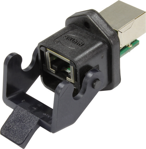 Ein schwarzer, rechteckiger USB-Stecker mit geschlossenem Gehäuse und Halterung, geeignet für industrielle Anwendungen.