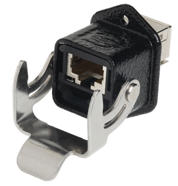 RJ45-Ethernet-Anschluss mit montiertem Halter, bereit für Kabelanschluss. Geeignet für Netzwerkverbindungen in industriellen Anwendungen.