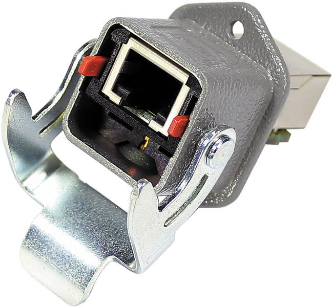 Eine RJ45-Netzwerkbuchse mit Metallgehäuse und Befestigungsclip, geeignet für Ethernet-Verbindungen.