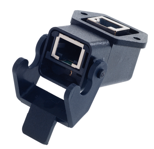 Ein schwarzer Cat6 Ethernet-Netzwerkadapter mit zwei RJ45-Anschlüssen, ideal für die Verbindung von Netzwerkkabeln in Wandplatten.
