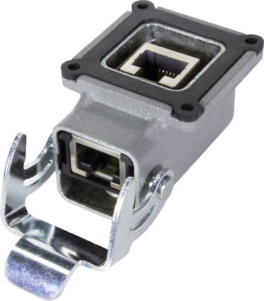 Ein grauer RJ45-Anschluss mit Verkleidung und Klammer zur Sicherung. Verwendet für Netzwerkverbindungen in elektronischen Geräten.