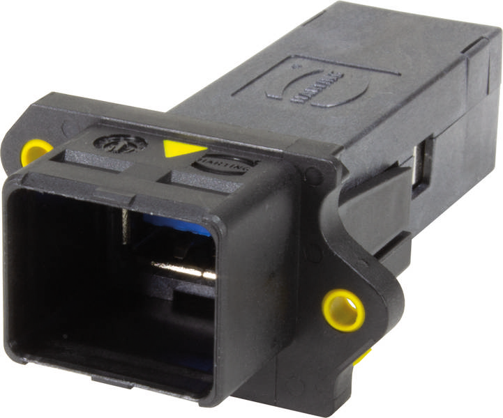 Ein rechteckiger, schwarzer Stecker mit gelben Markierungen. Sichtbar sind Metallpins im Inneren. Verwendet für elektronische Verbindungen.