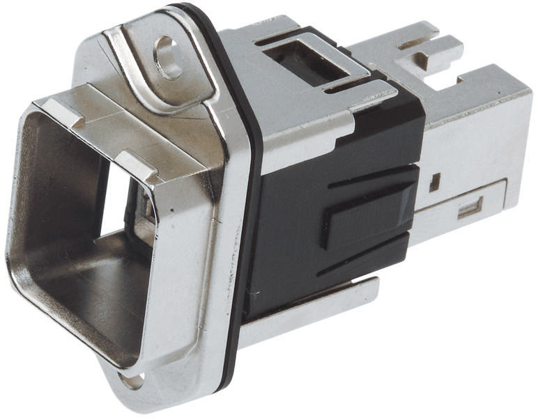 Metallischer USB-Stecker, schwarz-silber, mit rechteckigem Gehäuse und Schutzlippe, geeignet für industrielle Anwendungen.
