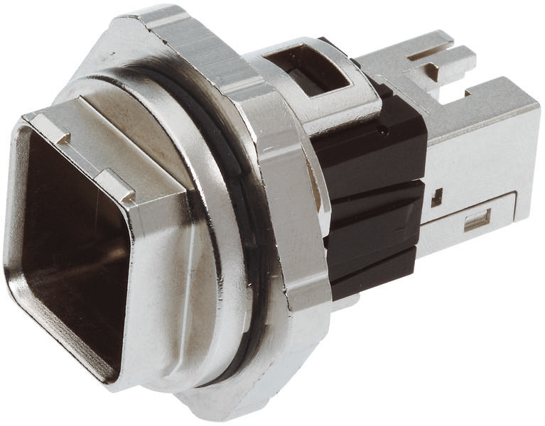 Metallischer Ring mit rechteckigem Anschluss für elektronische Verbindungen, vermutlich ein Steckverbinderteil.