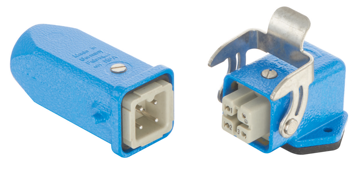 Zwei blaue quadratische Industrieverbindungen mit vier silbernen Kontakten und einem Metallschutzclip.