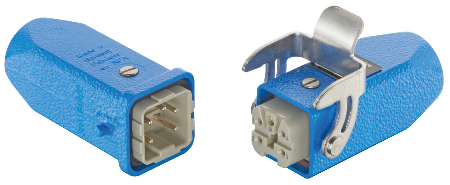 Zwei blaue Elektrostecker mit integrierten Metallklammern, einer von vorne und einer von hinten gezeigt.