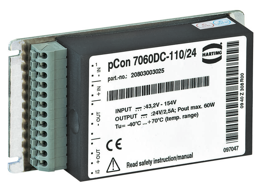 Industrie-Netzteil pCon 7060DC-110/24 von HARTING. Eingangsspannung: 43,2V - 154V, Ausgang: 24V/2,5A. Geeignet für -40°C bis +70°C.