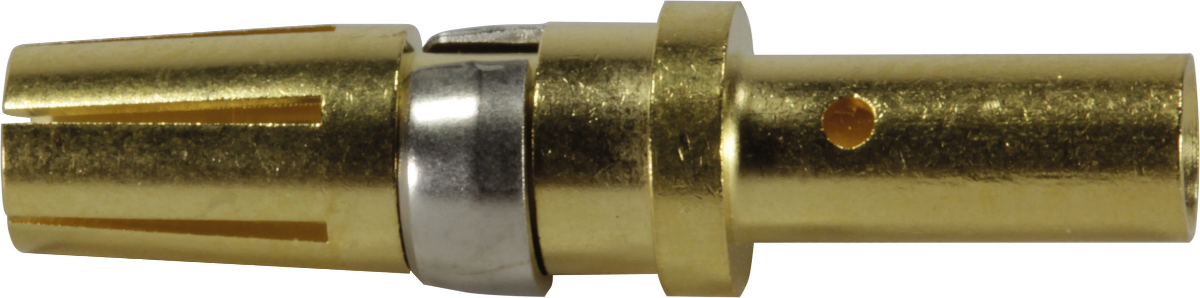 Metall-Stecker, zylinderförmig, goldfarben mit einem silbernen Ring in der Mitte.