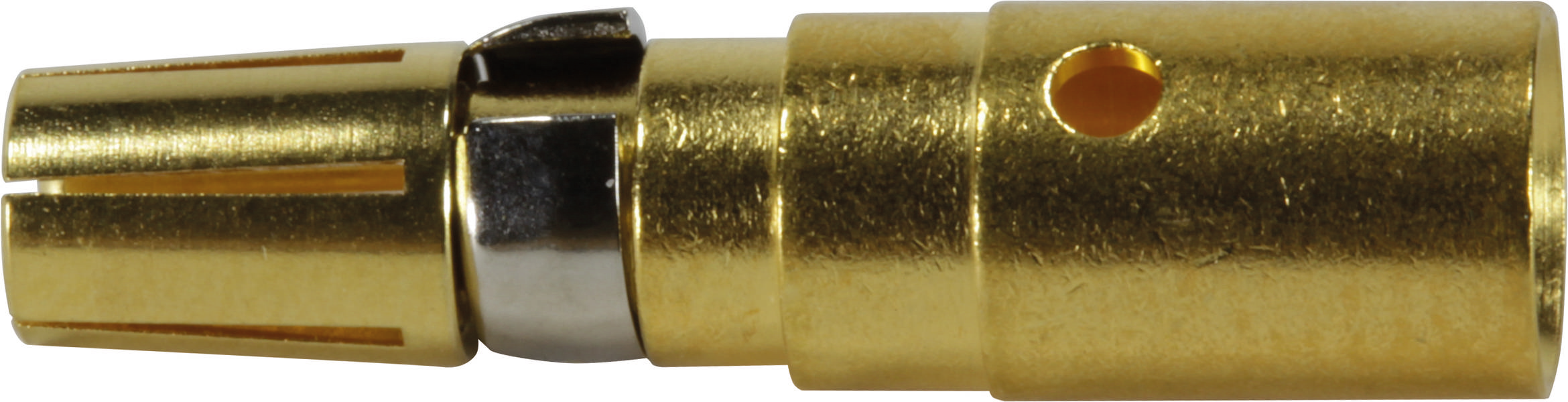 Vergoldeter Steckeradapter, seitlicher Blick. Verwendet in Audio- oder Videoverbindungen für eine verbesserte Signalübertragung.