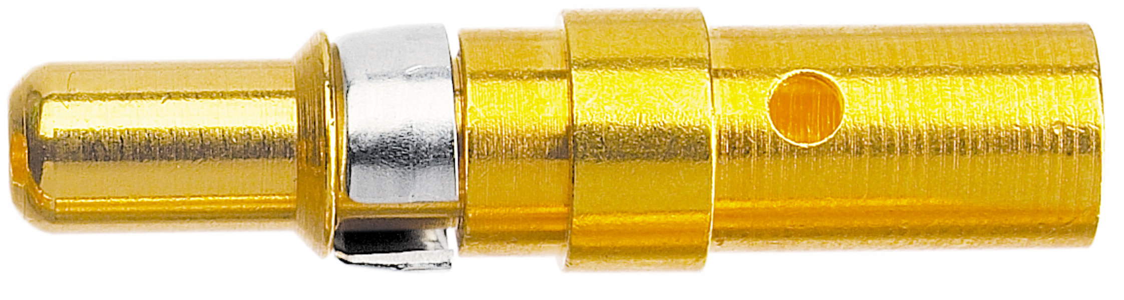 Goldfarbener Metallstecker mit einem silbernen Ring in der Mitte und einem Loch an der Seite. Eignet sich zum elektrischen Anschluss.
