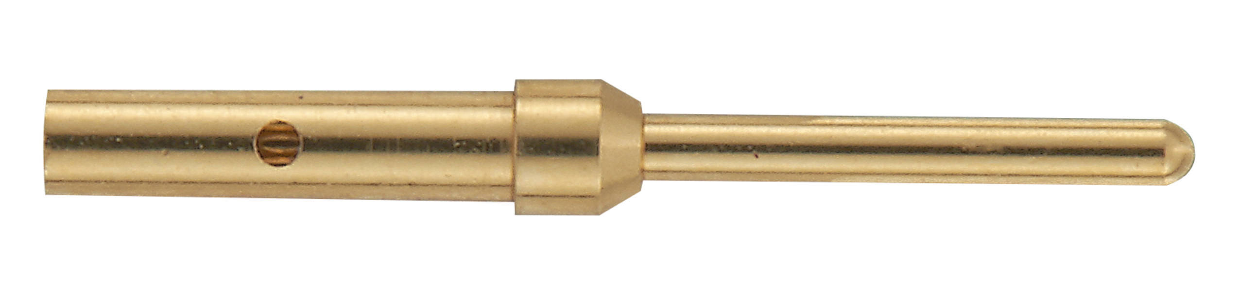 Ein goldfarbener Metallkontakt mit zylindrischer Form und einer konischen Spitze, möglicherweise als elektrische Verbindung verwendet.