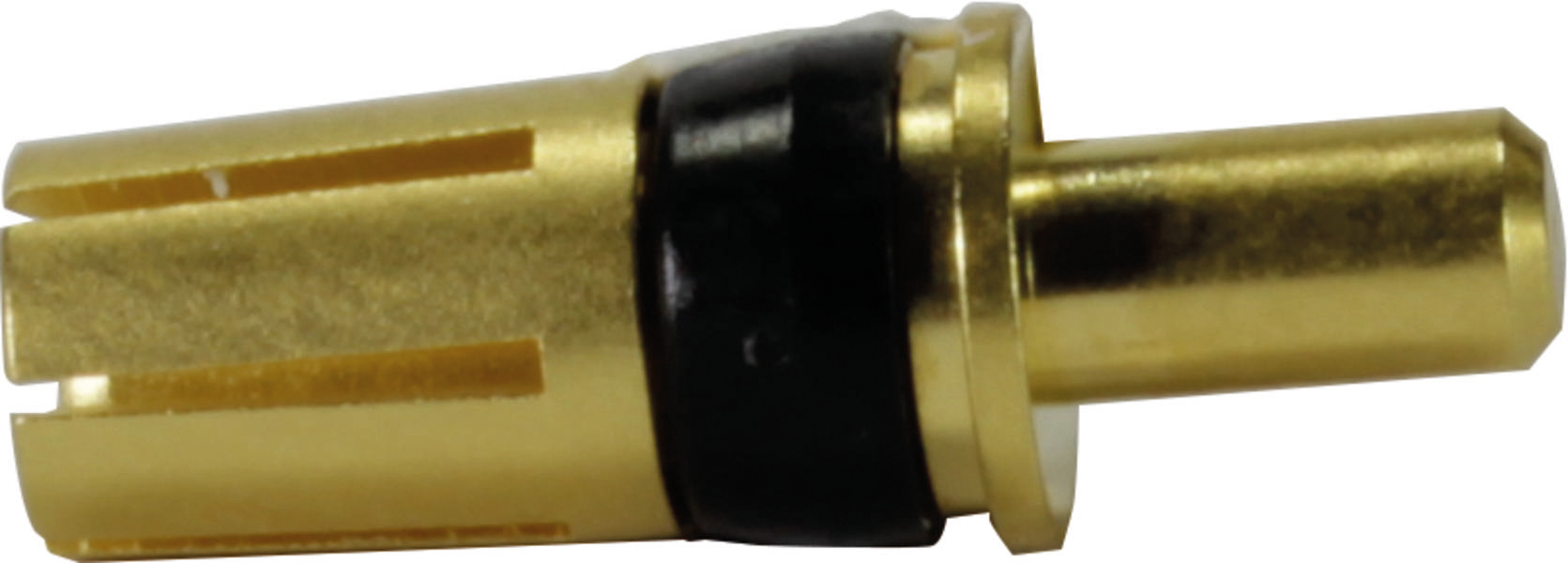 Ein goldener, zylindrischer Stecker, wahrscheinlich ein elektrischer oder audio-visueller Anschluss, mit einem schwarzen Ring in der Mitte.
