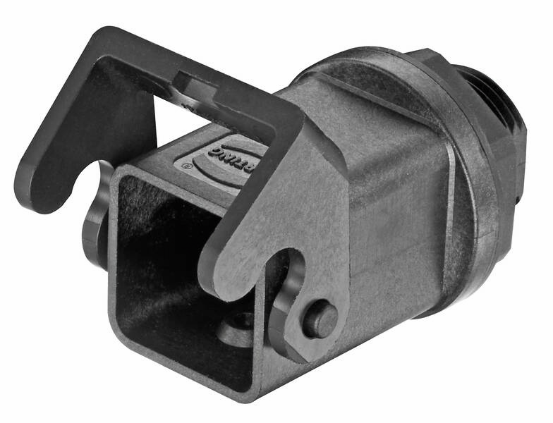 Ein schwarzer, rechteckiger Verbindungsstecker aus Kunststoff mit einem abgewinkelten Hebel an der Oberseite, zur elektrischen Verbindung.