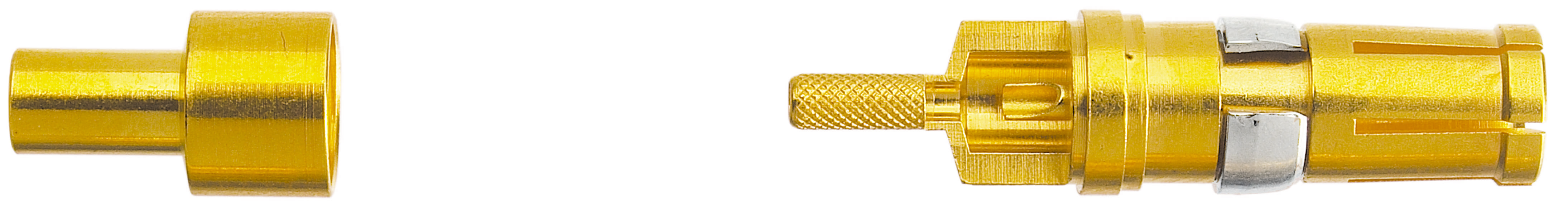 Zwei goldfarbene mechanische Bauteile mit geriffelter Oberfläche, die zur Verbindung oder Montage von Geräten verwendet werden können.