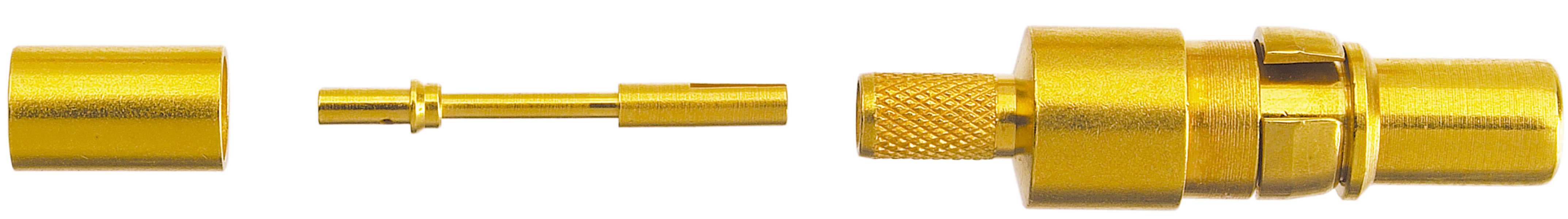 Ein dreiteiliger goldfarbener Koaxialstecker, bestehend aus einer Hülse, einem Stift und einem Stecker mit Schraubgewinde.
