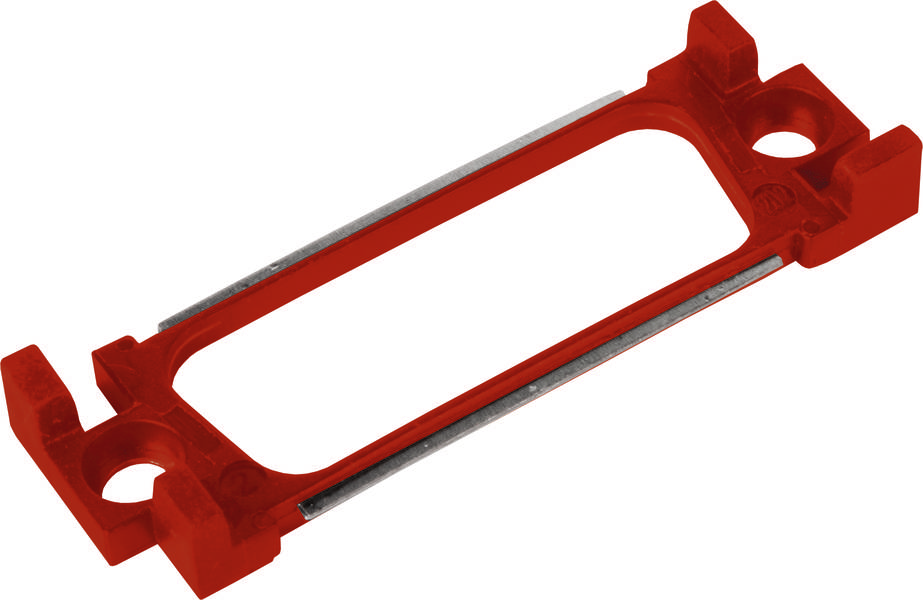 Ein roter Kunststoffhalter mit zwei Metallstreifen an den Seiten, vermutlich für die Befestigung von elektrischen Komponenten.