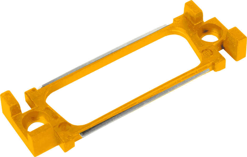 Ein orangefarbener Kunststoffrahmen mit rechteckiger Öffnung und abgerundeten Ecken, möglicherweise ein technisches Bauteil.