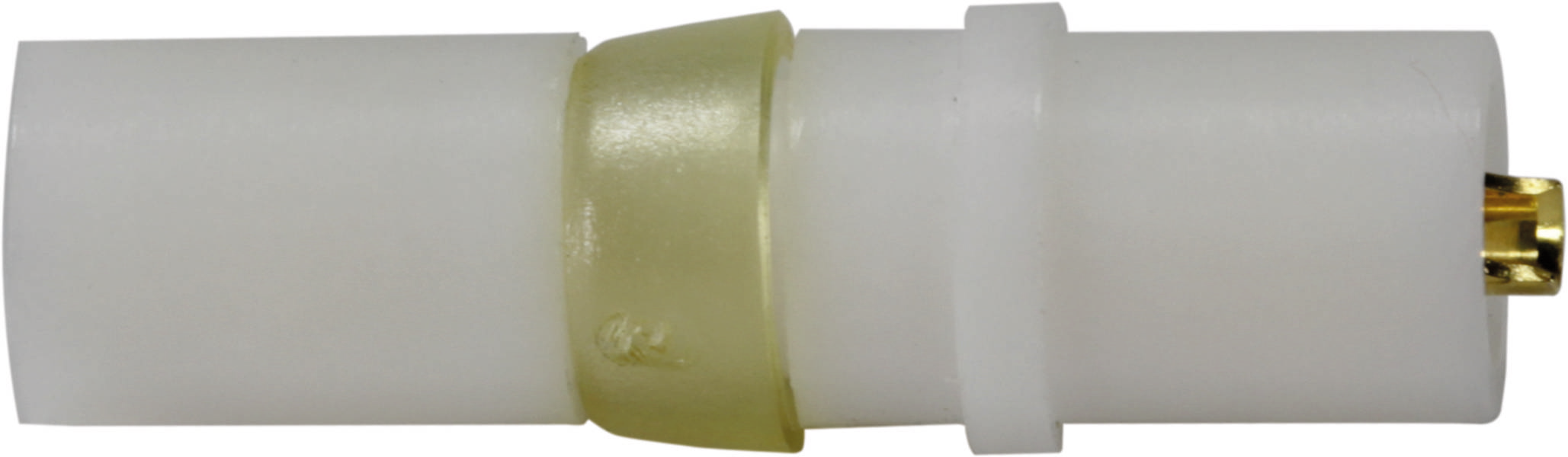 Ein weißer Kunststoffzylinder mit einer goldfarbenen Metallspitze und einem zentralen gelben Ring, möglicherweise ein elektrischer Steckverbinder.