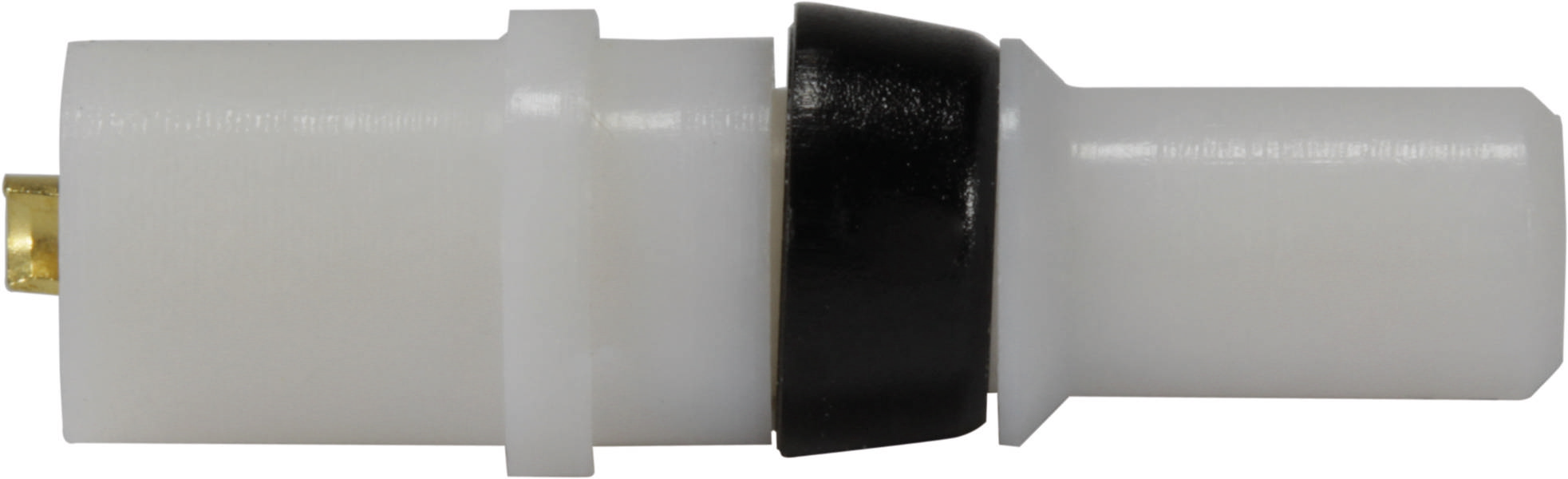 Ein weiß-schwarzer Steckverbinder aus Kunststoff, seitlich dargestellt, mit einem kleinen goldfarbenen Anschluss an einem Ende.