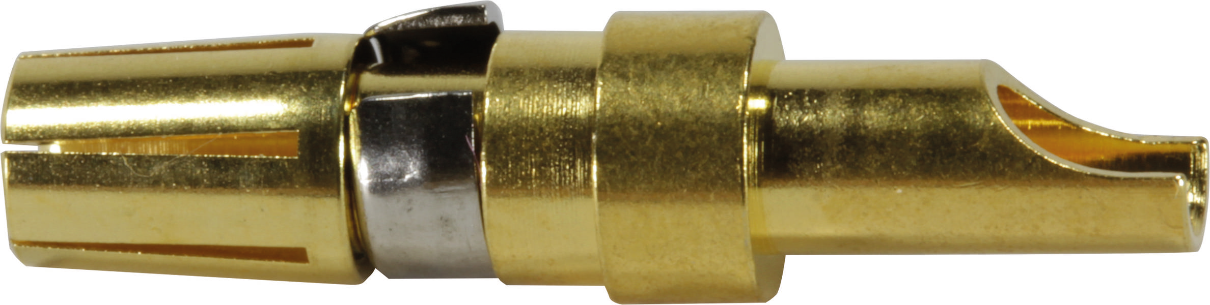Goldfarbenes Metallmundstück für ein Blasinstrument, seitlich dargestellt, mit runden und flachen Abschnitten.