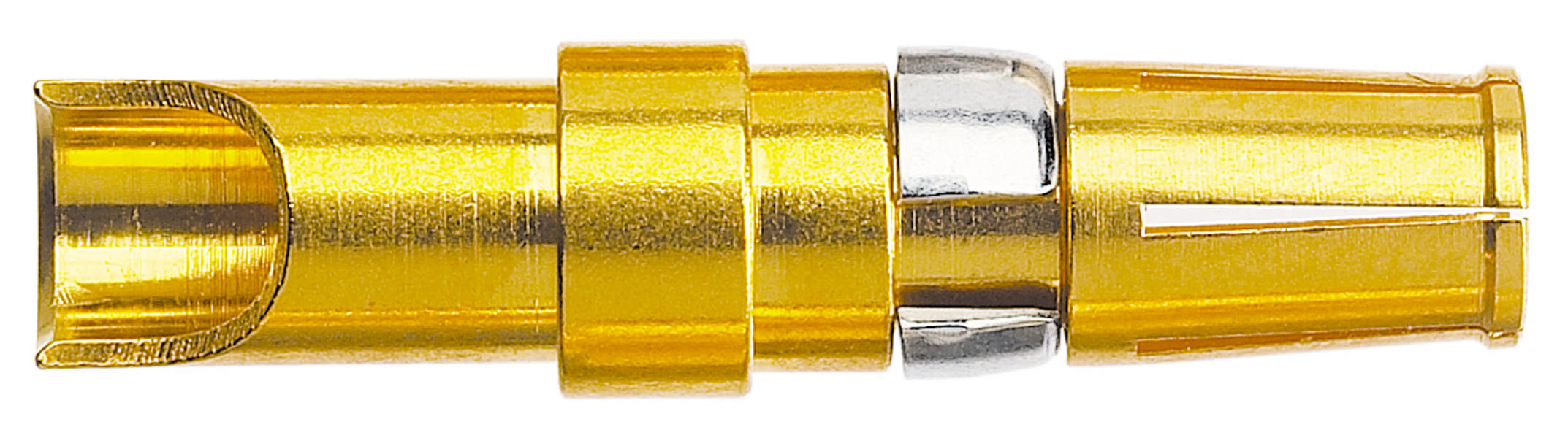 Ein goldener RCA-Stecker mit silbernen Akzent, seitlich dargestellt, der zur Verbindung von Audiogeräten verwendet wird.