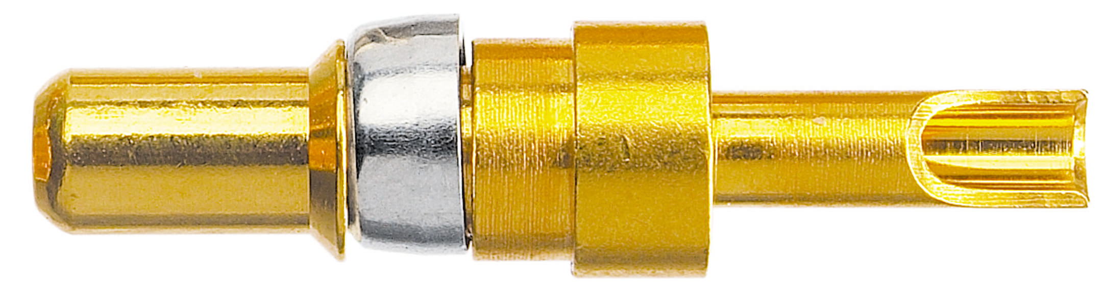 Ein goldener Bananenstecker für elektrische Verbindungen, seitliche Sicht, zeigt Steckbereich und Isolationsteil.