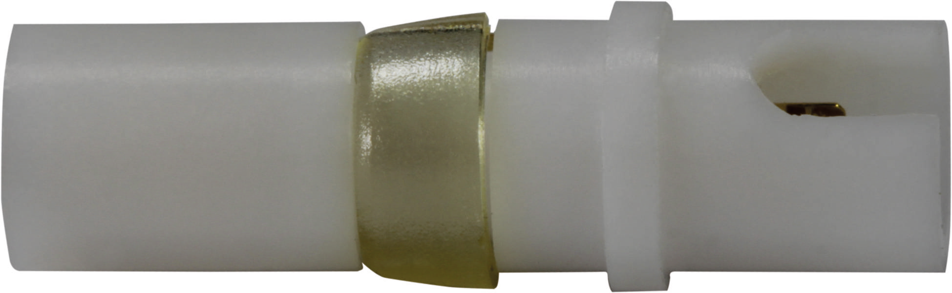 Ein weißer, zylindrischer Kunststoffverbinder mit einem goldfarbenen Metallring in der Mitte, der zwei Abschnitte verbindet.