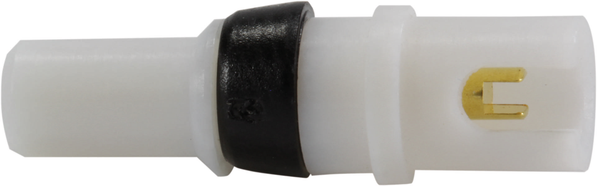 Zylindrischer, weißer, zweipoliger Stecker mit schwarzer Manschette, seitliche Ansicht. Elektronisches Bauteil für Verbindungen.