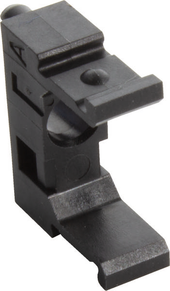 Schwarze Kunststoffhalterung mit rechteckiger Basis und erhöhtem Abschnitt, möglicherweise für die Befestigung oder Unterstützung eines Objekts.