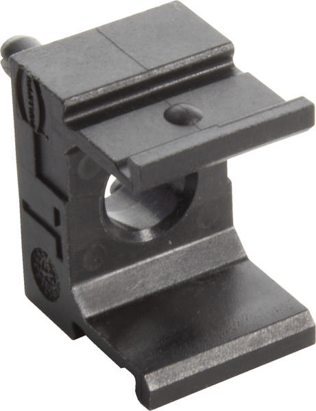 Ein schwarzes Metallteil mit einem L-förmigen Design und einem Loch in der Mitte, verwendet zur Befestigung oder Halterung in technischen Anwendungen.