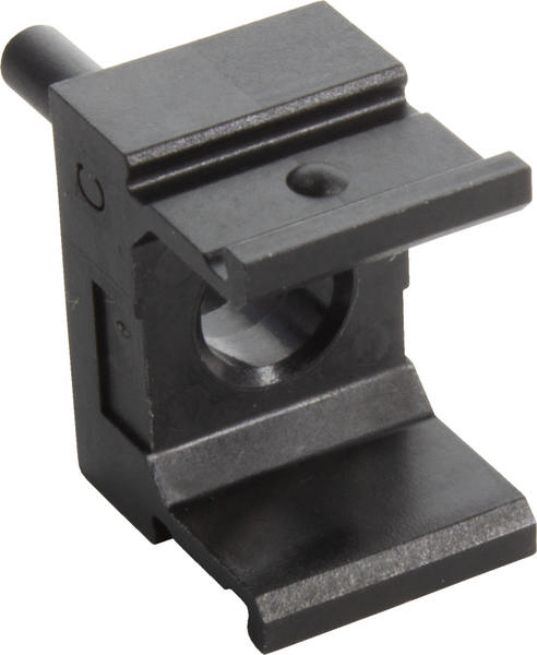 Schwarze Metallhalterung mit rechteckiger Form, zeigt eine Öffnung in der Mitte und hat einen abschließenden Haken unten.