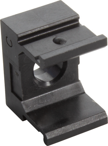 Schwarzer, rechteckiger Plastikclip mit einem runden Loch in der Mitte und abgewinkelten Kanten, wahrscheinlich zur Befestigung.