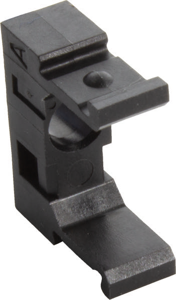 Schwarzes Kunststoffteil mit rechteckiger Form und mehreren Ebenen, möglicherweise ein technisches Bauteil oder Halterung.