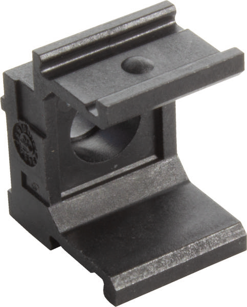 Schwarzes Kunststoffteil mit rechteckiger Öffnung und abgewinkelter Basis, möglicherweise als Halterung oder Befestigungselement genutzt.