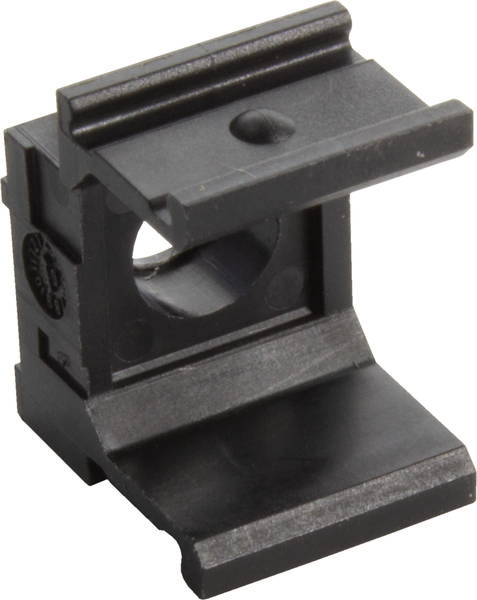 Ein schwarzes Kunststoffteil, möglicherweise eine Halterung oder ein Verbindungselement, mit einem rechteckigen Design und einer Öffnung.