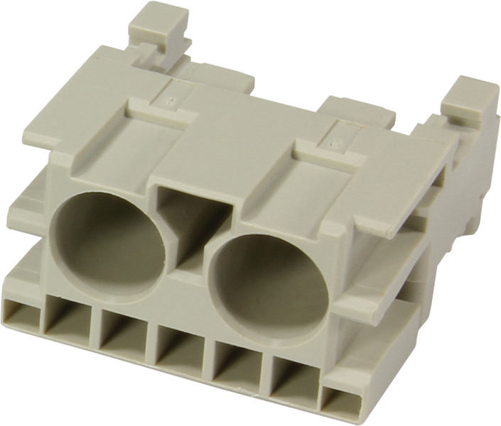 Kunststoffgehäuse mit zwei runden Öffnungen für elektrische Verbindungen, beige Farbe, rechteckige Struktur, geeignet für Moduleinbau.