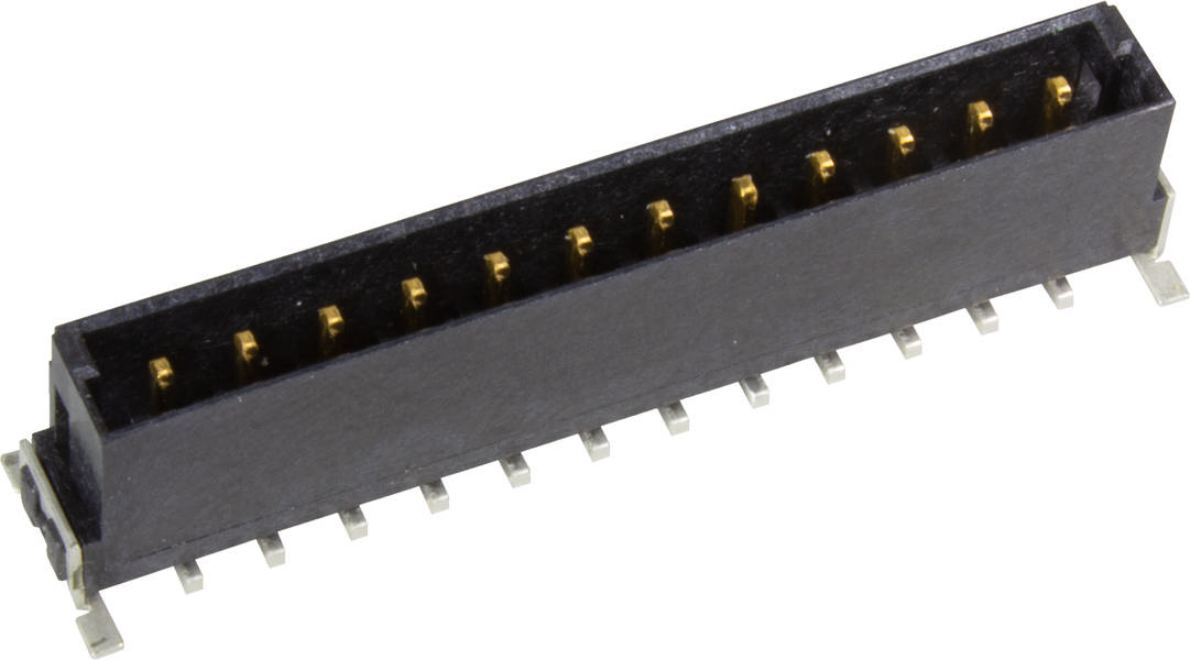 Ein schwarzer elektrischer Steckverbinder mit 14 goldfarbenen Kontakten.