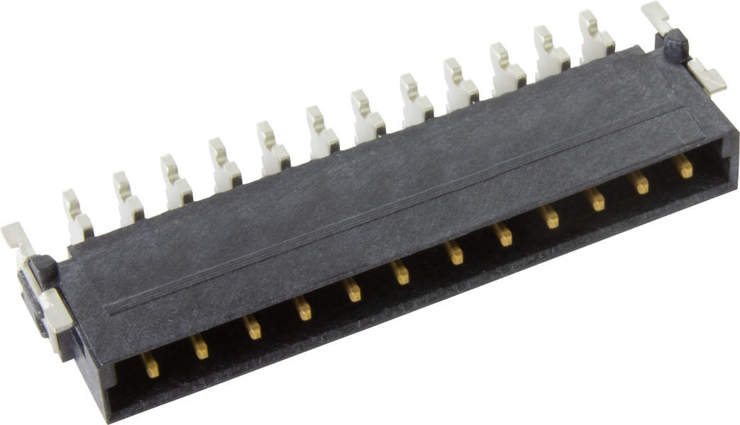 Schwarzer Elektroniksteckverbinder mit 12 goldenen Kontaktstiften und silbernen Anschlussklemmen, horizontal ausgerichtet.